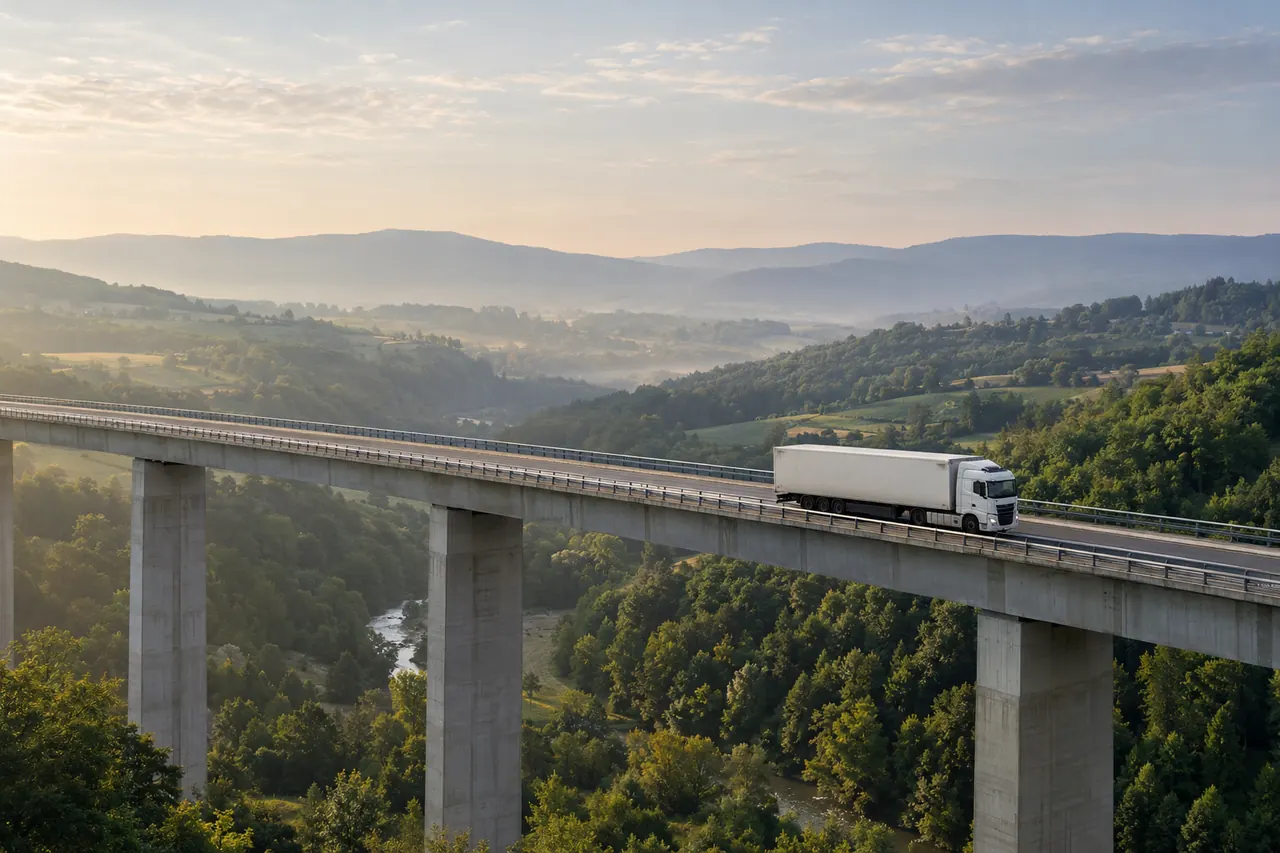 Un camión atraviesa un viaducto largo sobre un valle.