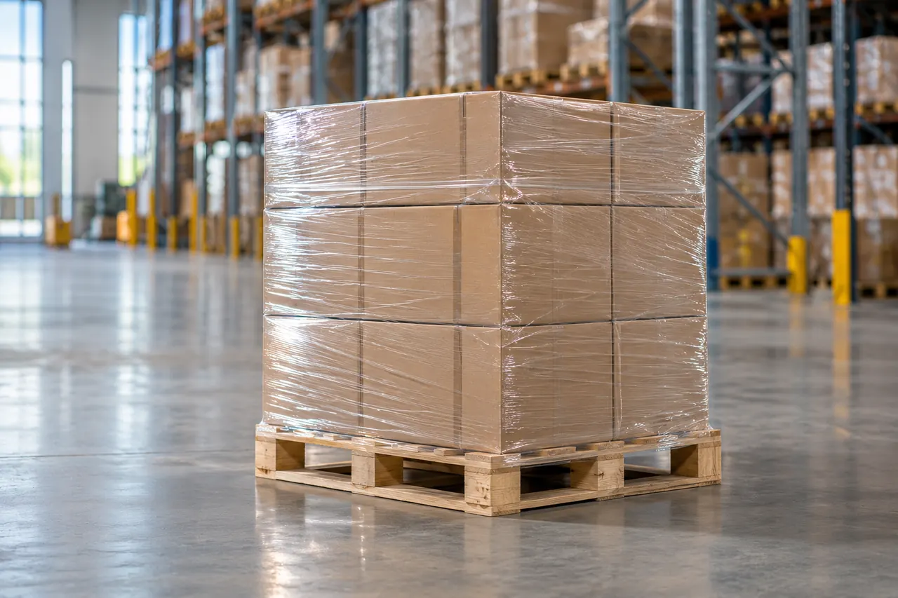Un europalet con cajas de cartón apiladas y envueltas en film, listo para salir del almacén.