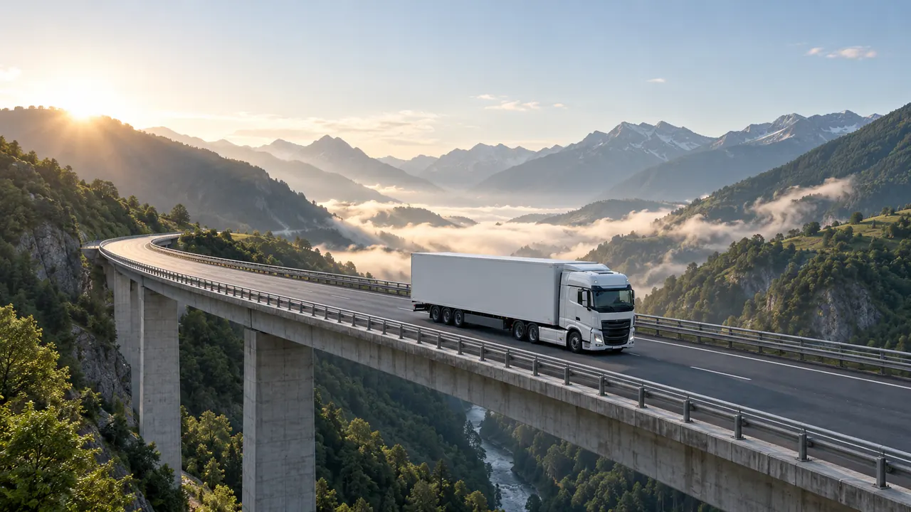 Un camión articulado cruza un viaducto entre montañas con niebla, en pleno trayecto internacional.